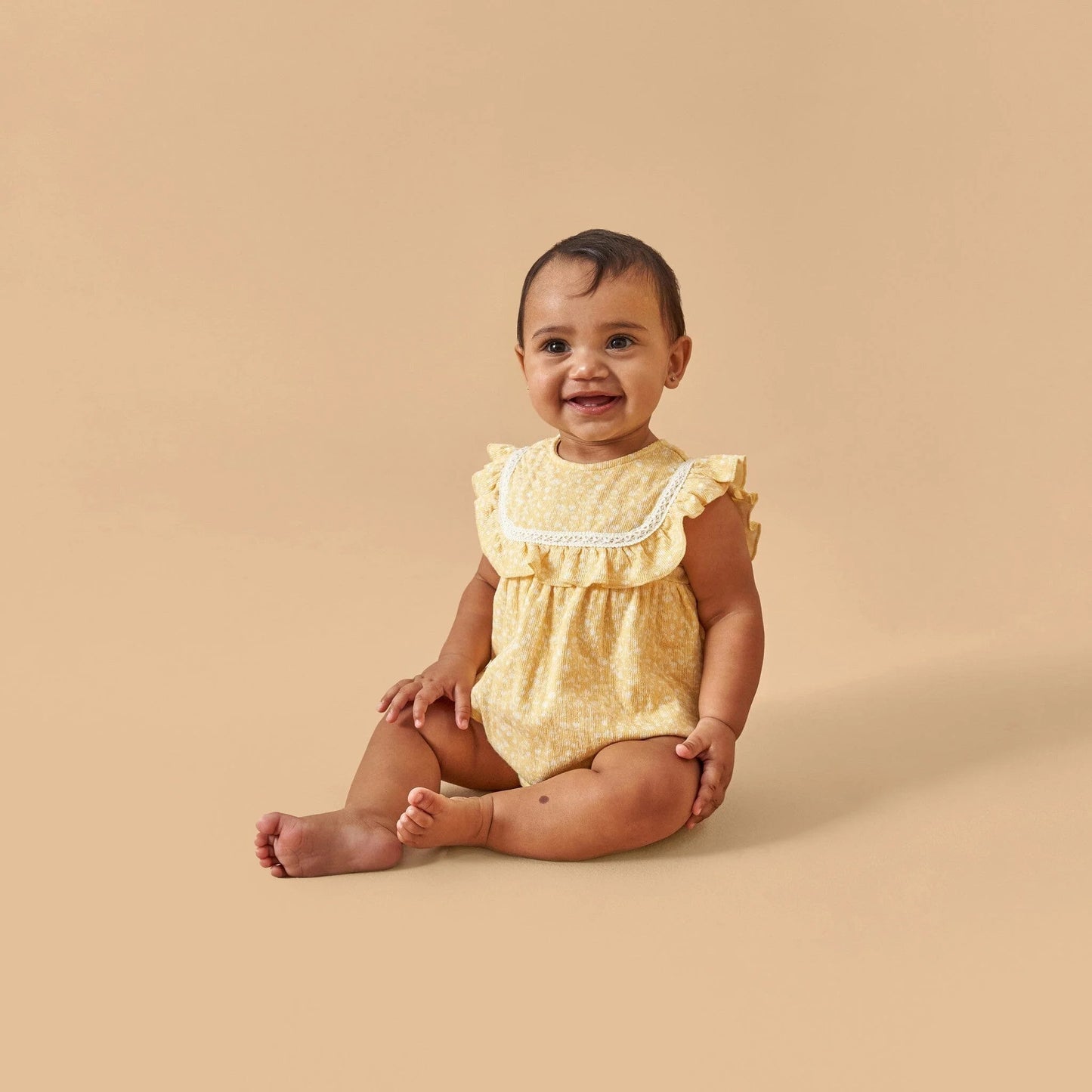 Baby Girls Yellow Vine Flower Ruffle Bubble Romper