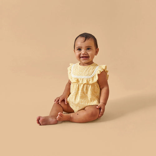 Baby Girls Yellow Vine Flower Ruffle Bubble Romper