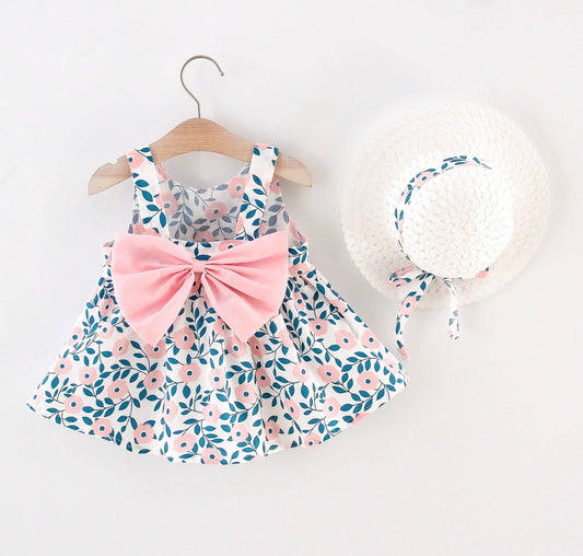 Two piece floral print dress and hat